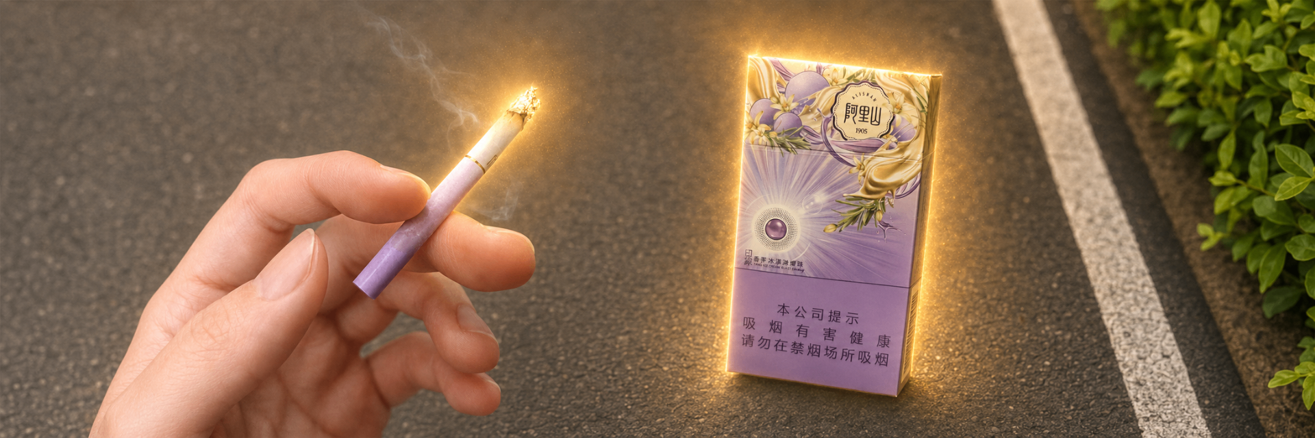阿里山 cigarette and pack on asphalt